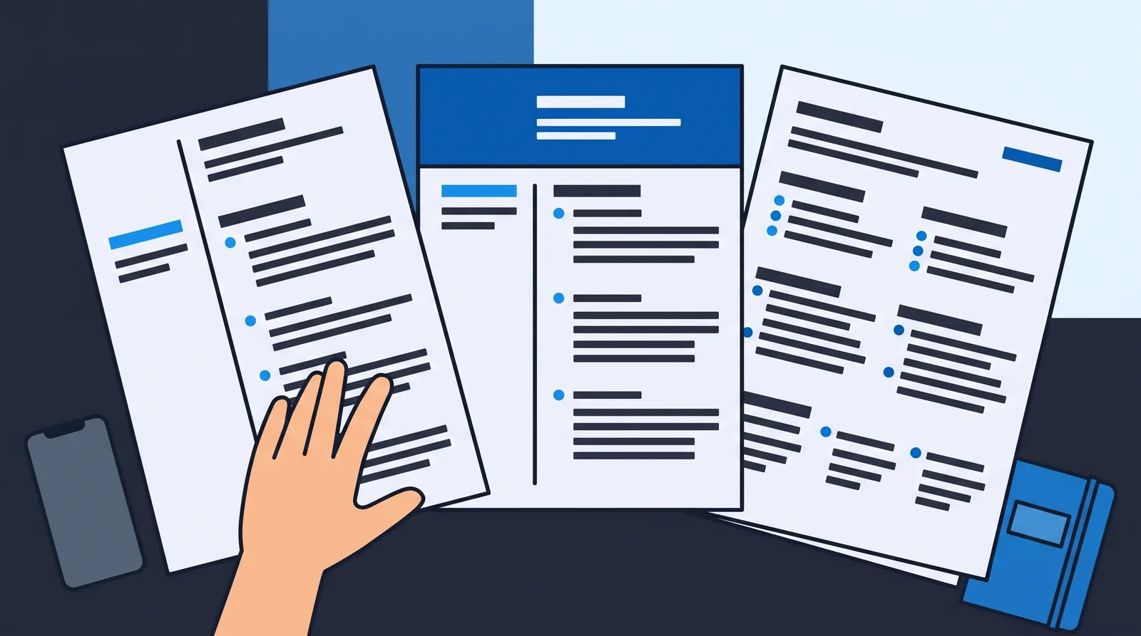 Three resume layouts fanned side by side