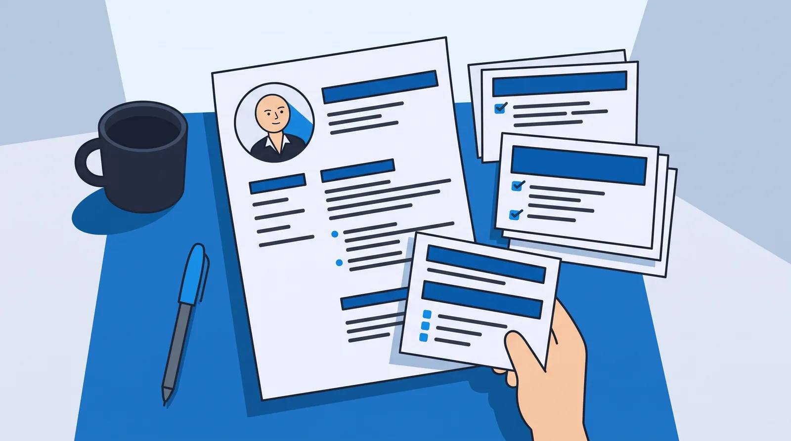 A resume coming together section by section on a desk