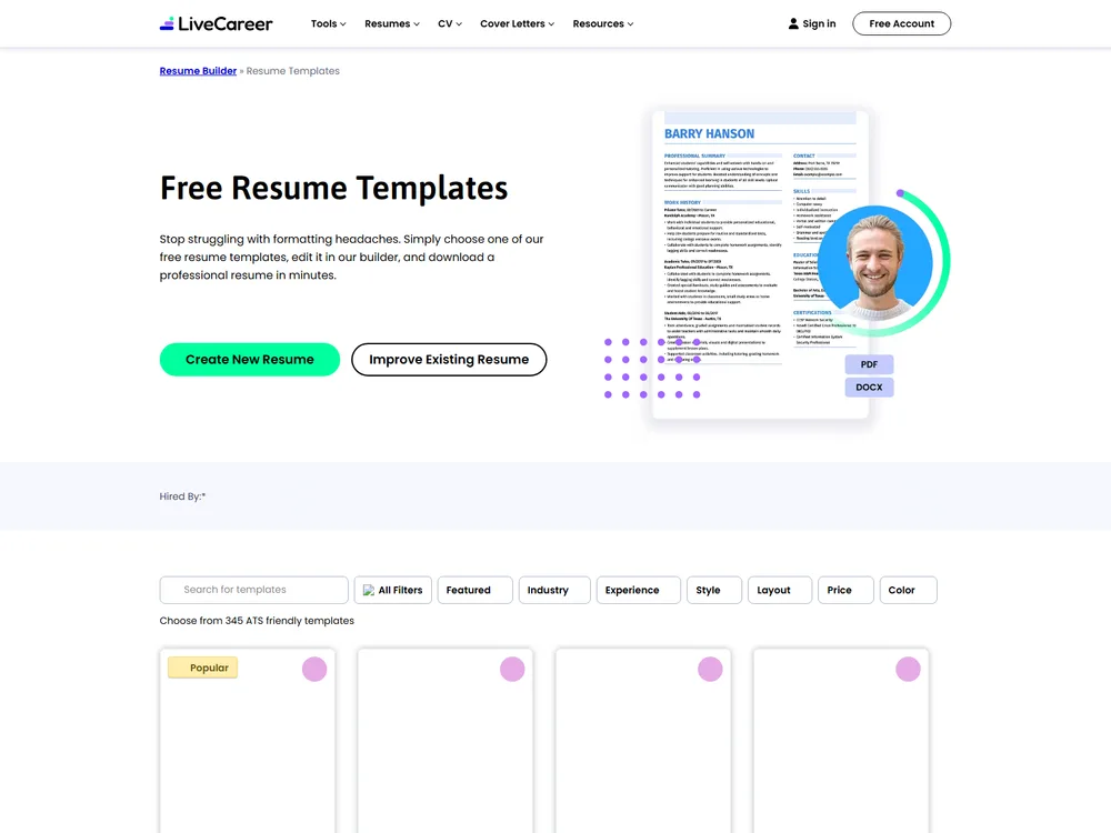 Screenshot of the LiveCareer website