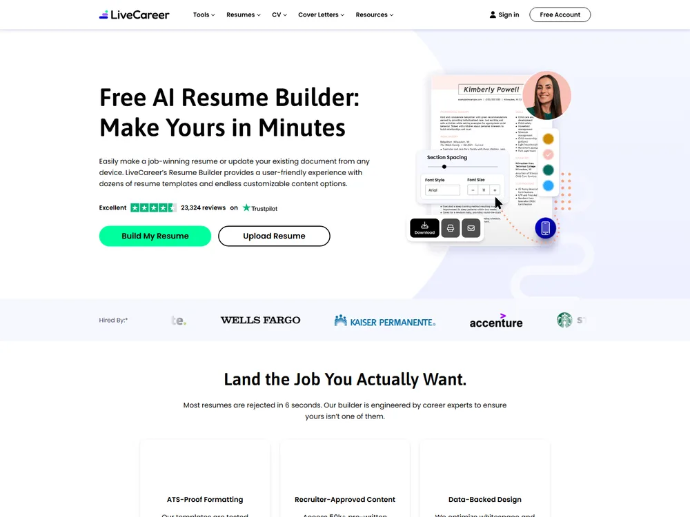 Screenshot of the LiveCareer website