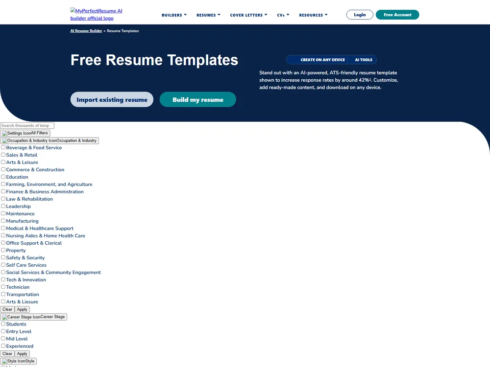 Screenshot of the MyPerfectResume website