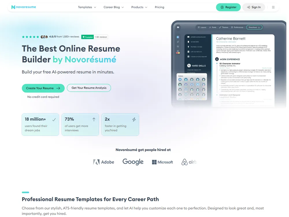 Screenshot of the Novoresume website