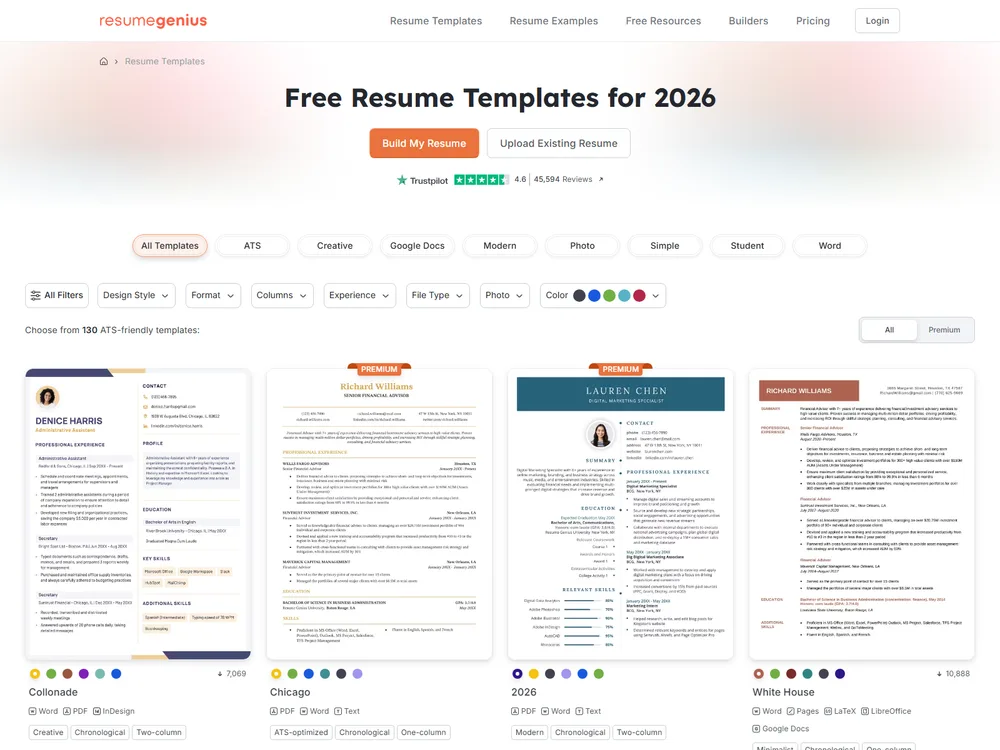 Screenshot of the Resume Genius website