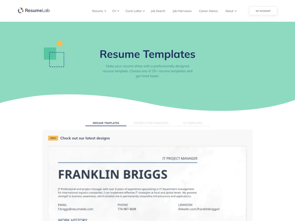 Screenshot of the ResumeLab website