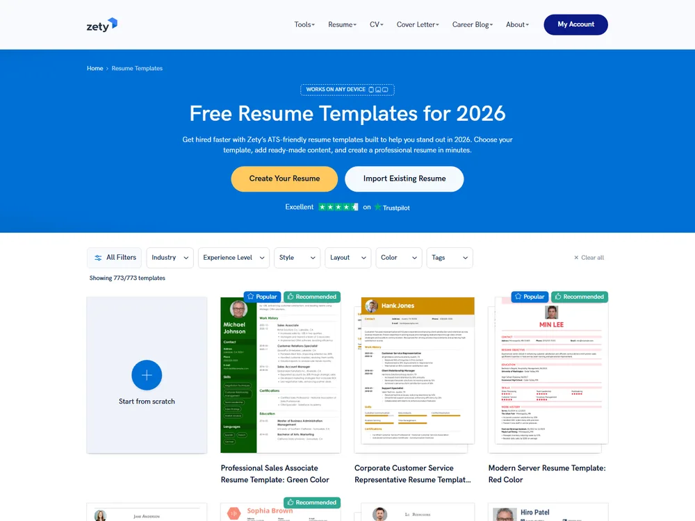 Screenshot of the Zety website